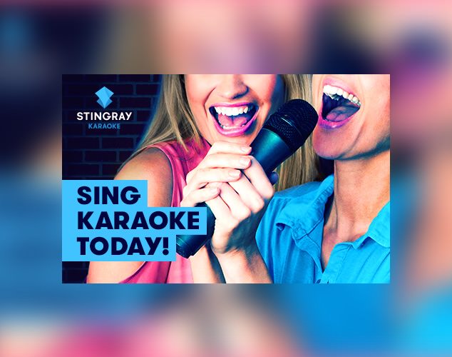 Stingray Karaoke logo in front of two people singing karaoke